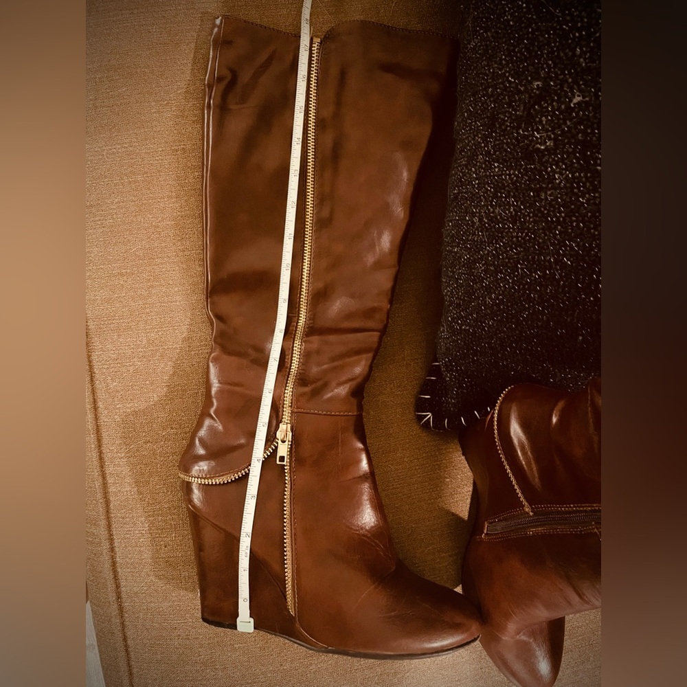 Tall Tan Leather Wedge Boots 8.5